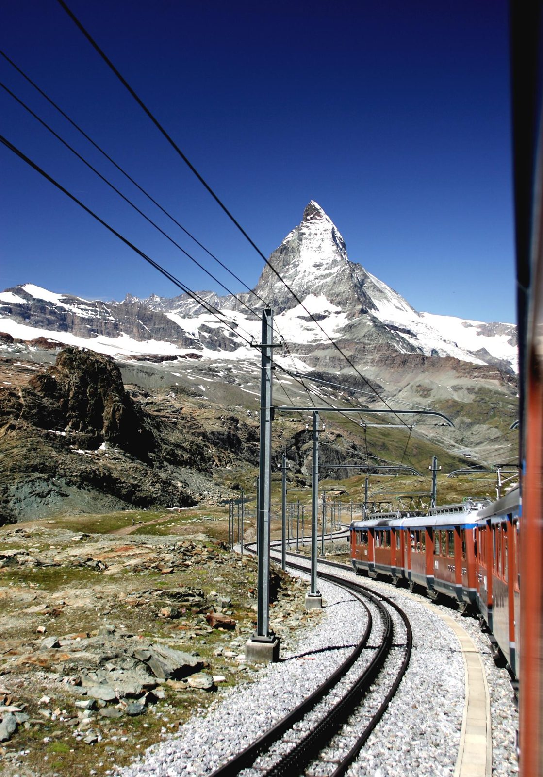 The Matterhorn above Zermatt, its sharp pyramid peak against a clear sky