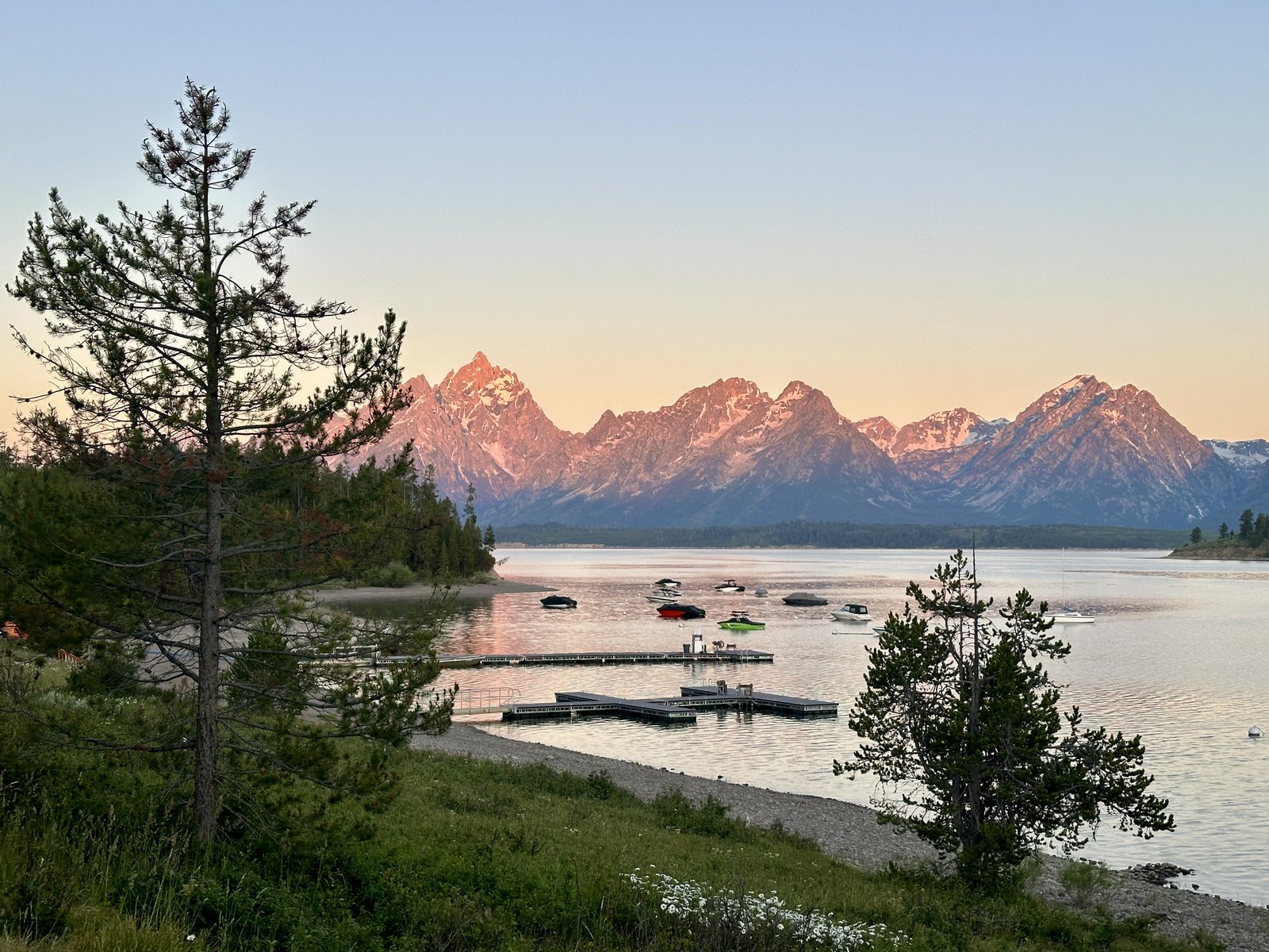 The Teton range lit pink at first light above Jackson Lake, with boats moored off a wooden dock